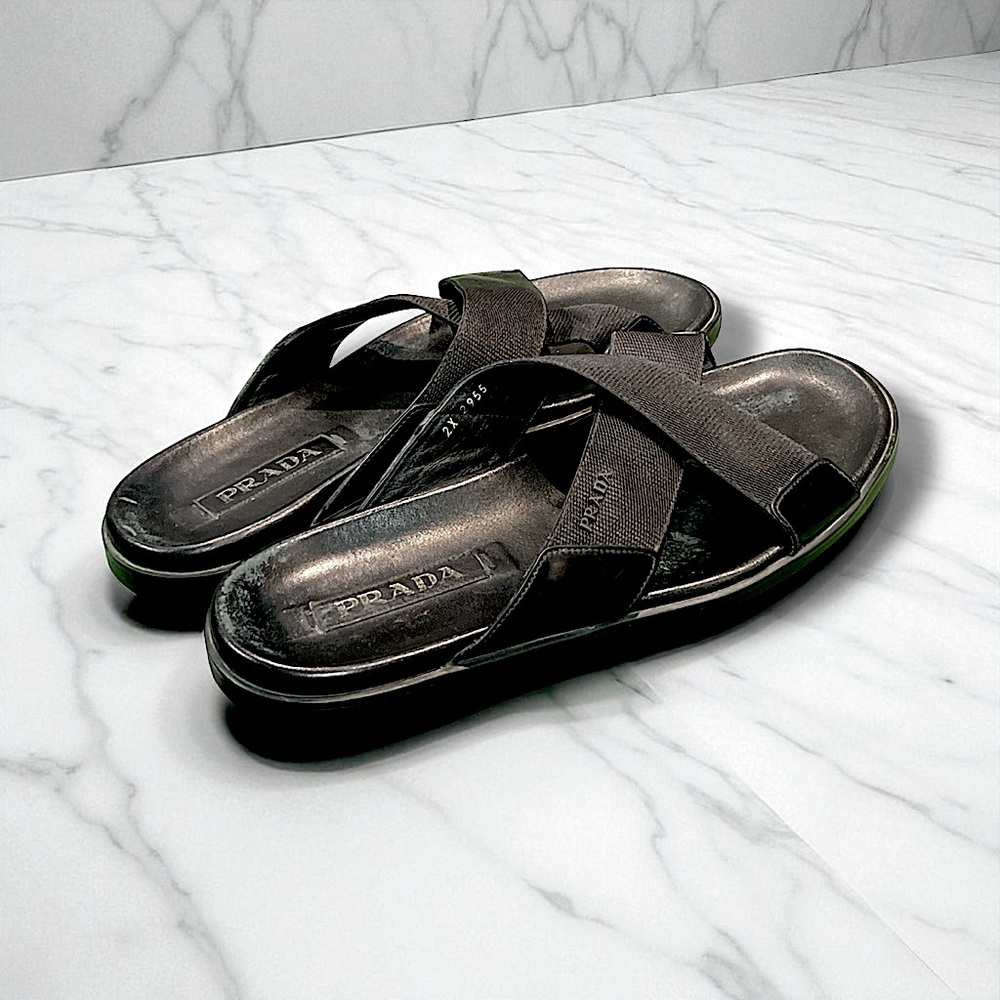 Prada Men's Black Canvas and Leather Crisscross Flat Sandals